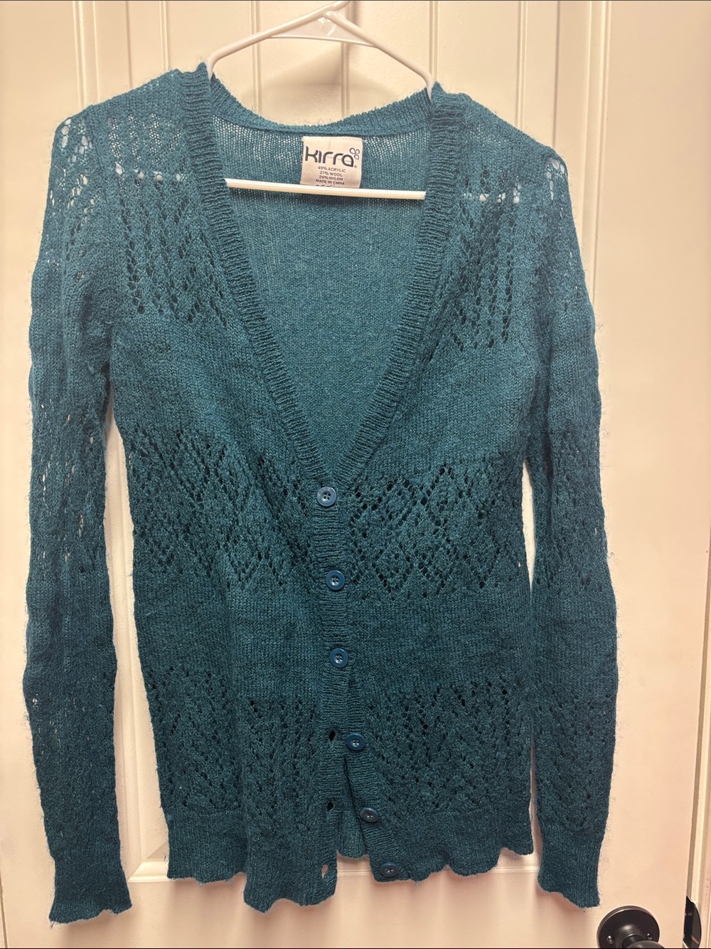 Kirra Teal Lace-Knit V-Neck Button Cardigan size M